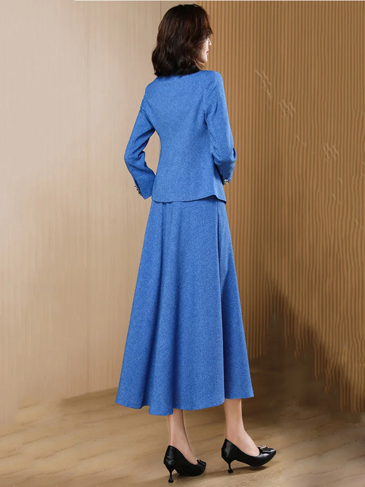 New Women Elegant Skirt Suits Spring Autumn Fashion Classic Single Button Slim Short Blazer and A-Line Long Skirt Two-pieces Set