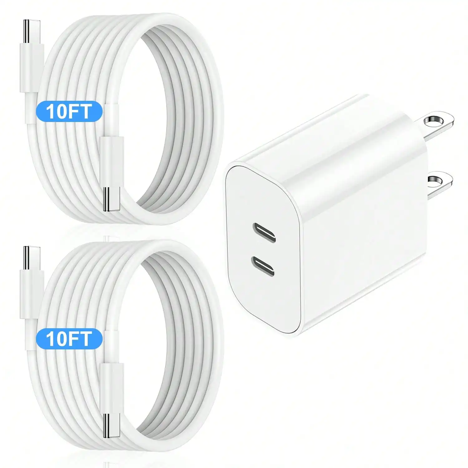 

20W Dual Port USB-C Fast Charger Set with 10FT Type-C to C Cable Wall Mount PD Power Adapter Compatible with iPhone12-16 Series iPad Android for Home Dorm Office Travel Ideal Birthday Christmas Holiday Gift
