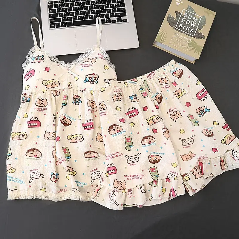 

Новый женский пижамный комплект с аниме-принтом Crayon Shin Chan, мягкий дышащий комплект для сна из 2 предметов с кружевной отделкой, летняя комфортная домашняя одежда