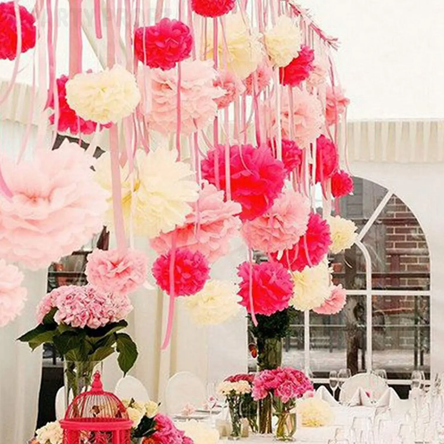Mixed Tissue Paper Pompons, Pom Poms flor, decoração do casamento, rosa, 9 pcs por conjunto