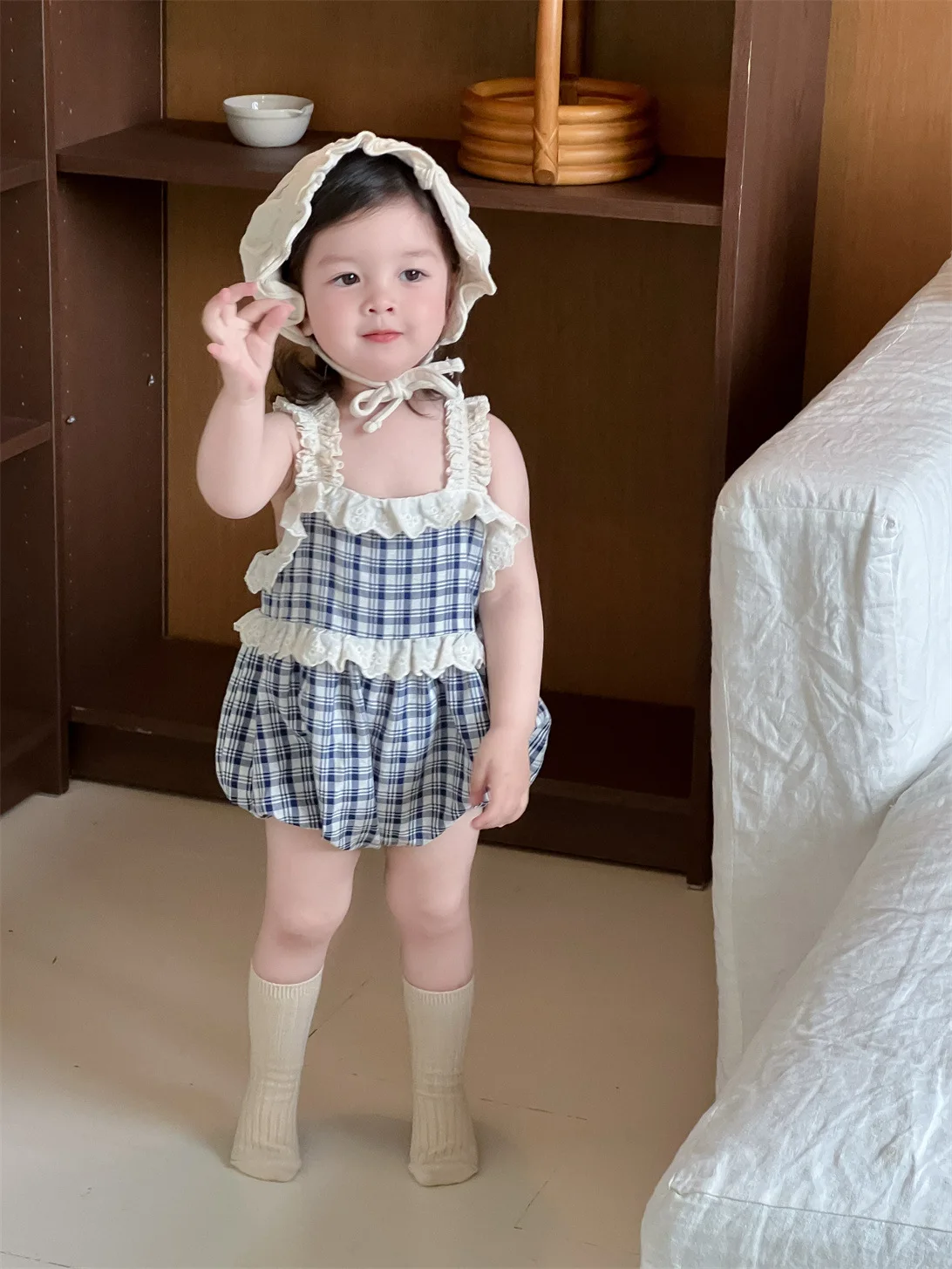 

2025 Summer New Baby Girl Sleeveless Strap Bodysuit Thin Cotton Infant Toddler Cute Plaid Lace Jumpsuit Newborn Clothes 0-24M