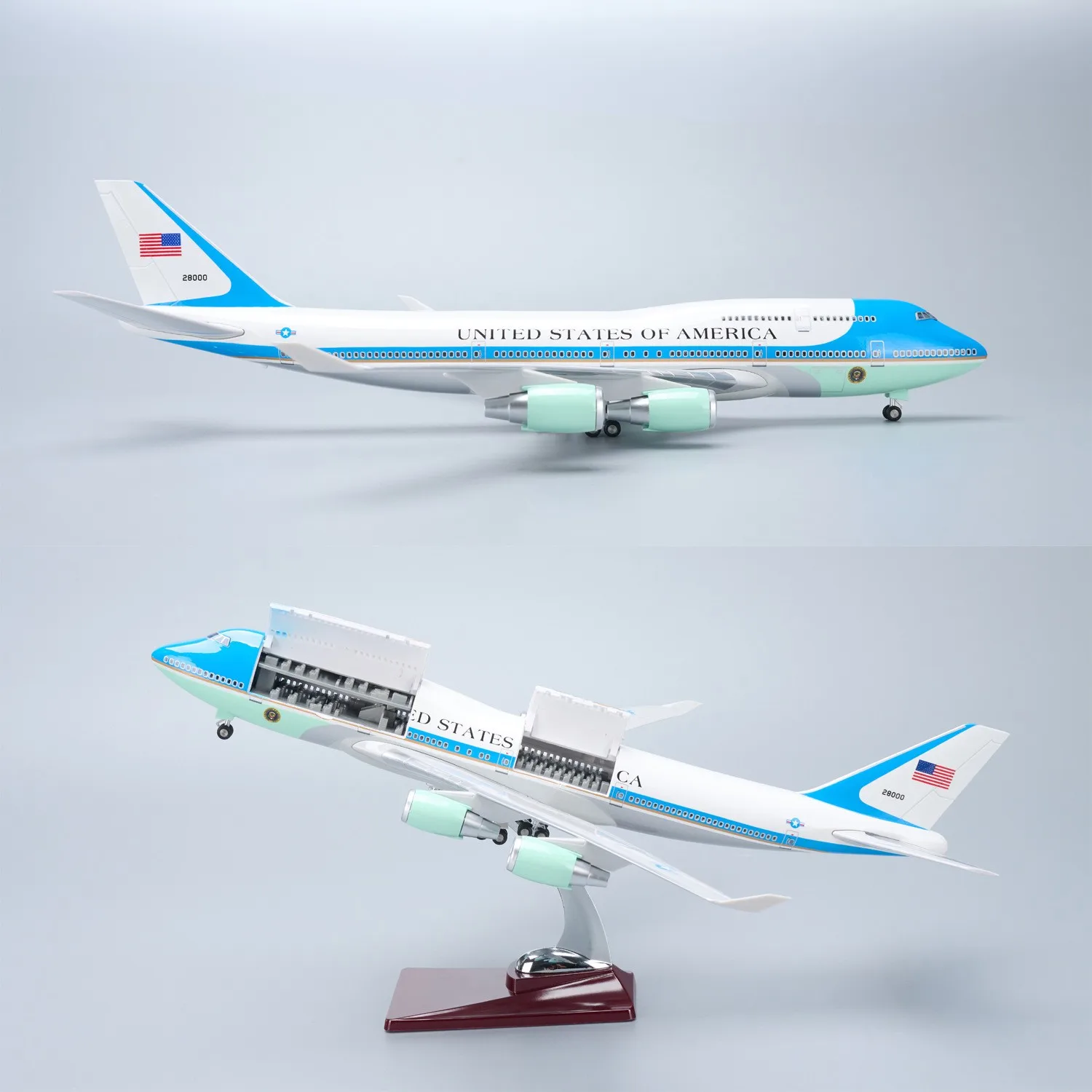 Modèle d'avion en résine moulée sous pression Air Force One B747 de 47 cm, avec portes de cabine ouvrables, pour les passionnés d'aviation, cadeau ou objet de collection