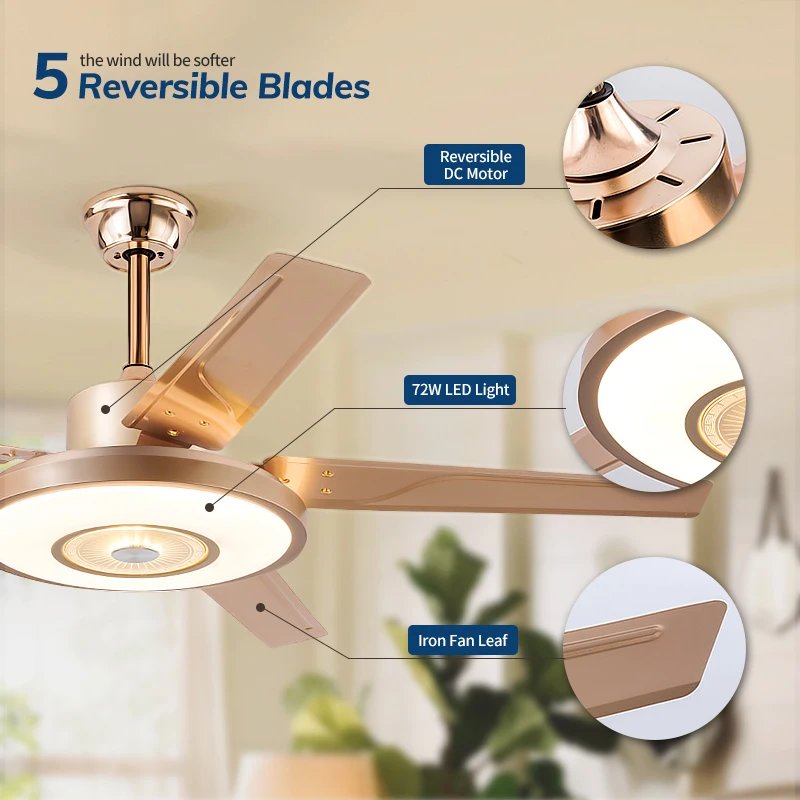 

52-Inch Silent 6-Speed Adjustable DC Motor Iron Ceiling Fan with LED Light for Living Room Dining Room Main Modern Design 5-leaf