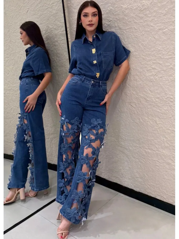 Women High Waist Wide Leg Pants Hole Straight Pants Long Jeans Casual Trendy Trousers 2025 Autumn Winter New Denim Trousers