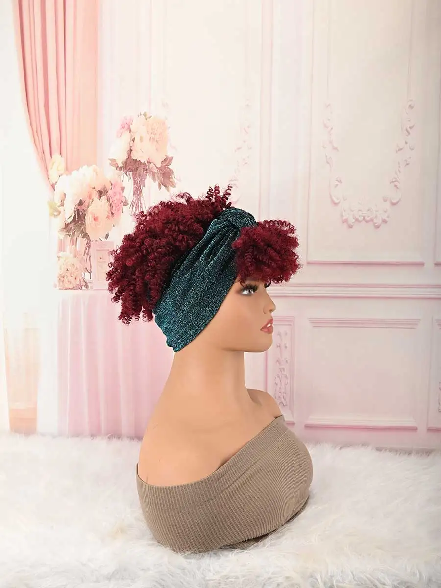 Headband Wig Curly Headband Wig With Bangs For Women Synthetic Afro Curly Hair Wig With Headband Attached Short Kinky Curly Afro High Puff With Bangs Stripes Short Red Curly Wigs with Bangs for Women, Natural Wavy Synthetic Hair, Fluffy Pixie Cut