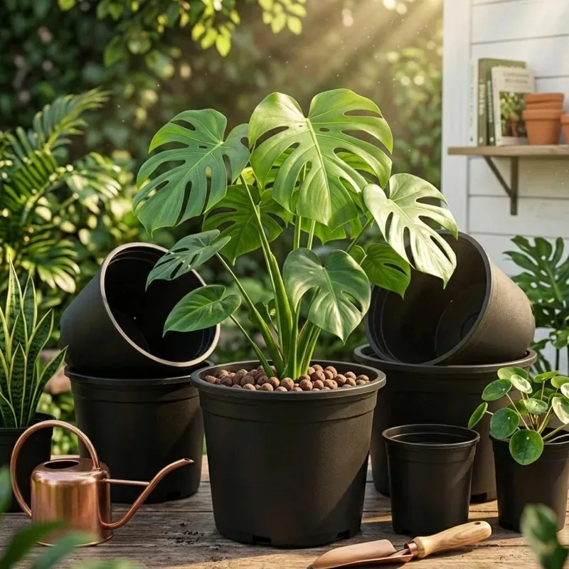 1/2/3/5 Gallon Black Resin Flower Pots with Drainage Hole Stackable Planters for Indoor Outdoor Gardening Sturdy Plastic Nursery