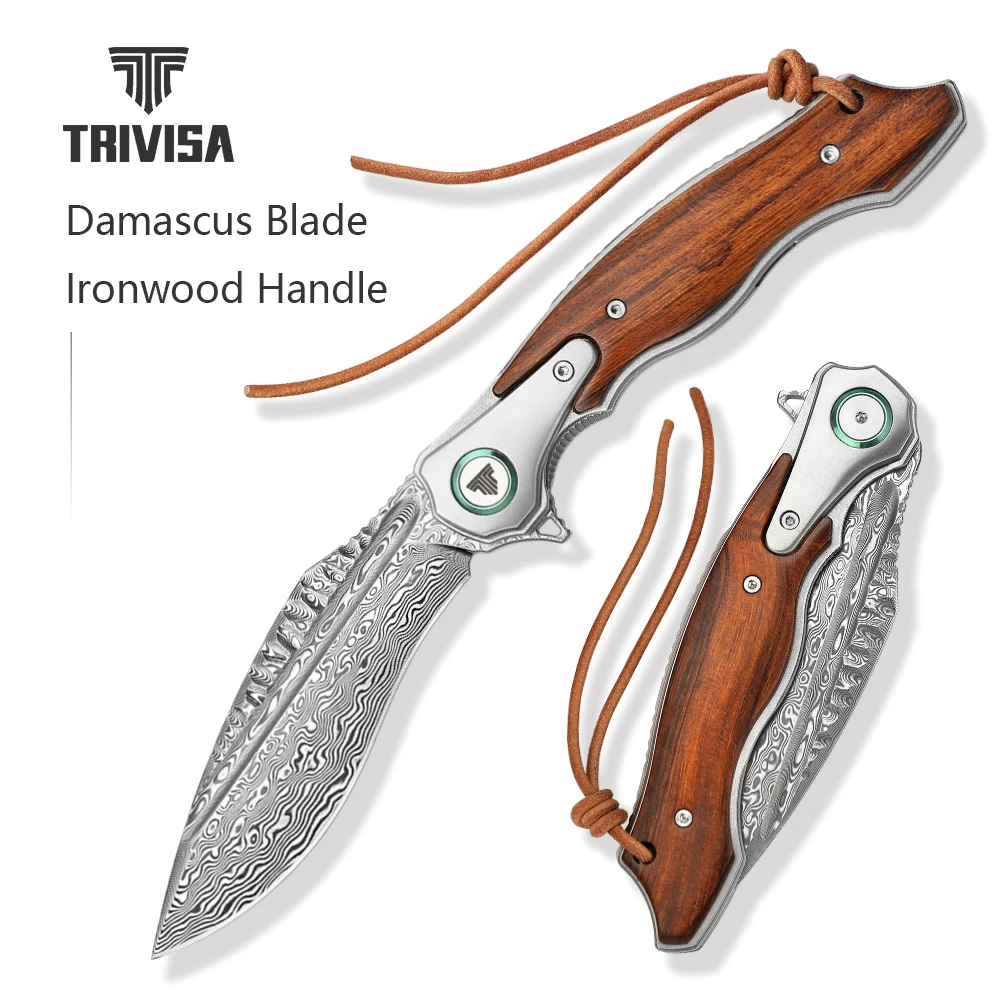 TRIVISA Folding Pocket Knife for Men, Flipper Damascus Knives，Handmade Ironwood Handle，Vegetable tanned leather，Gifts knife