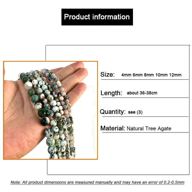 Natural Tree Agate Stone Beads Loose Smooth Round Gemstone For Jewelry Making DIY Bracelet Earrings Accessories 4-12MM 15\'\'