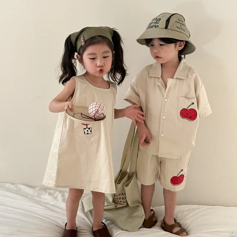 Brother and Sister Clothes New Summer Cartoon Printed Boys Short Sleeve Shirt Shorts 2pcs Set Girls Vest Dress