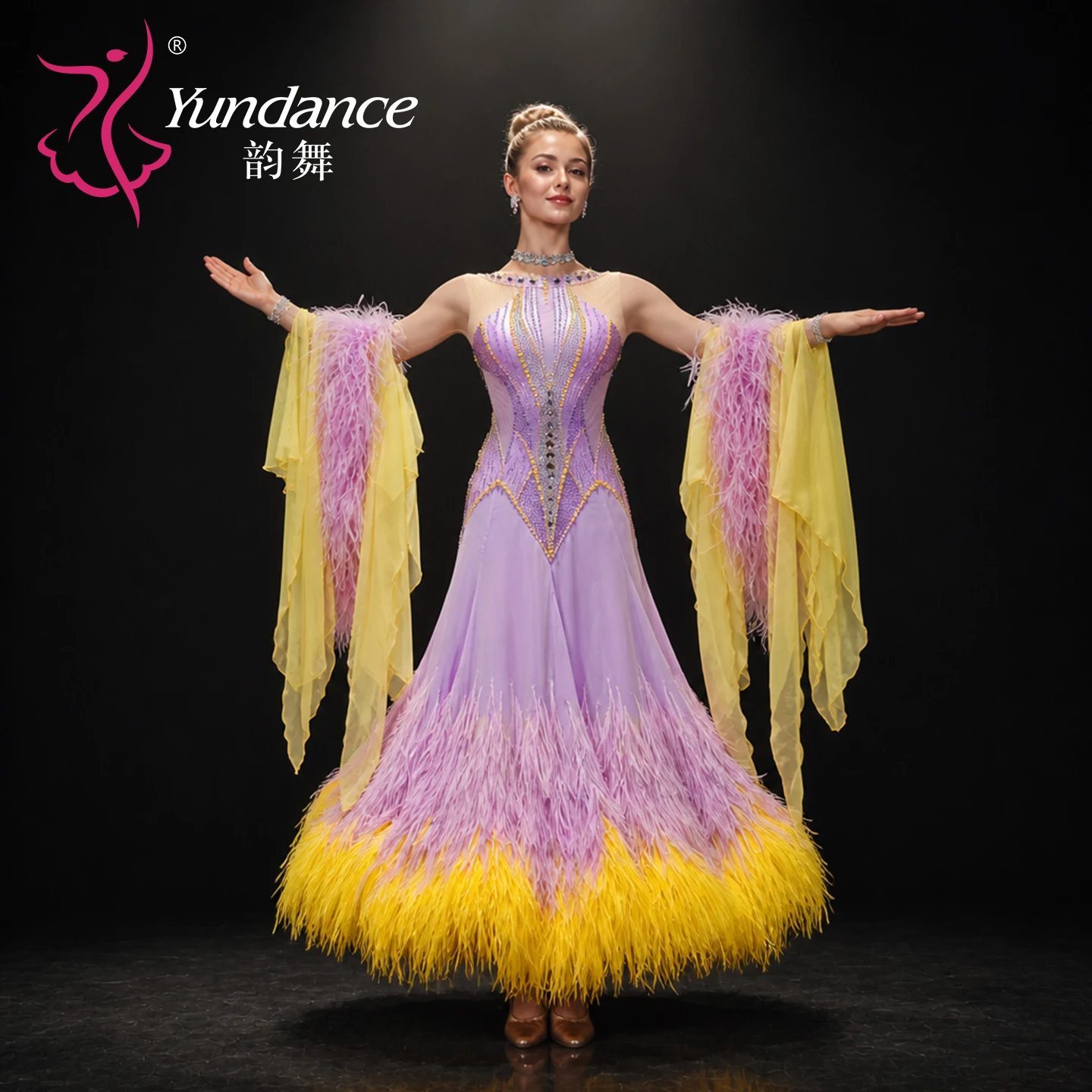 B-26113 Elegant Satin Chiffon Ballroom Dance Dress with Puffy Feathers Luxury Women Standard Modern Waltz Competition Gown