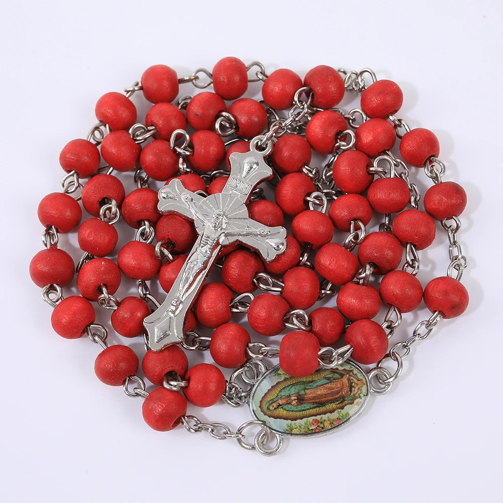 Blaue Rosenkranzkette für Damen und Herren, 6 mm, aus Holz, lange Kette, religiöser Anhänger mit der Jungfrau Maria und einem Kreuz, Herrenschmuck für Partys, Geschenk. – Detail 15