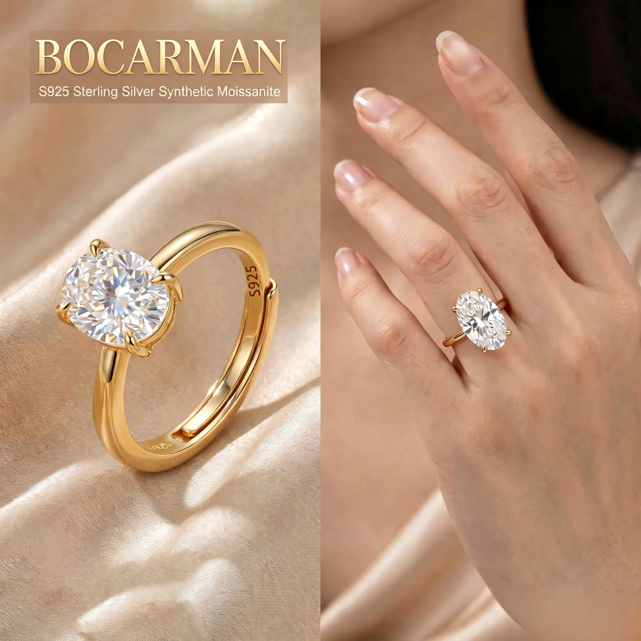 BOCARMAN Oval Cut Moissanite Ring S925 Silver Sleek Solitaire Band Timeless Jewelry for Women