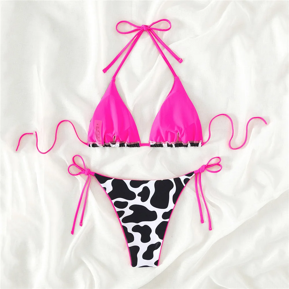 Cow Print Micro Thong Bikini Set 2024 Mujer String Halter Swimsuit Women Swimwear Sexy Swimming Bathing Suit Mini Biquinis Swim