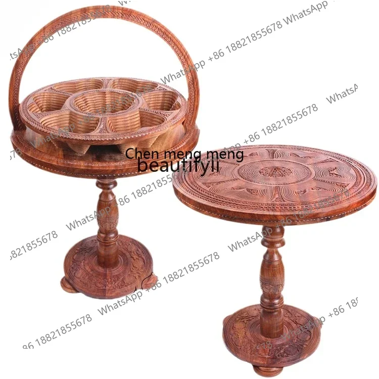 D178 Wood Carving Table Antique Solid Wood Hand-Carved Coffee Table Coffee Table Diameter 45cm