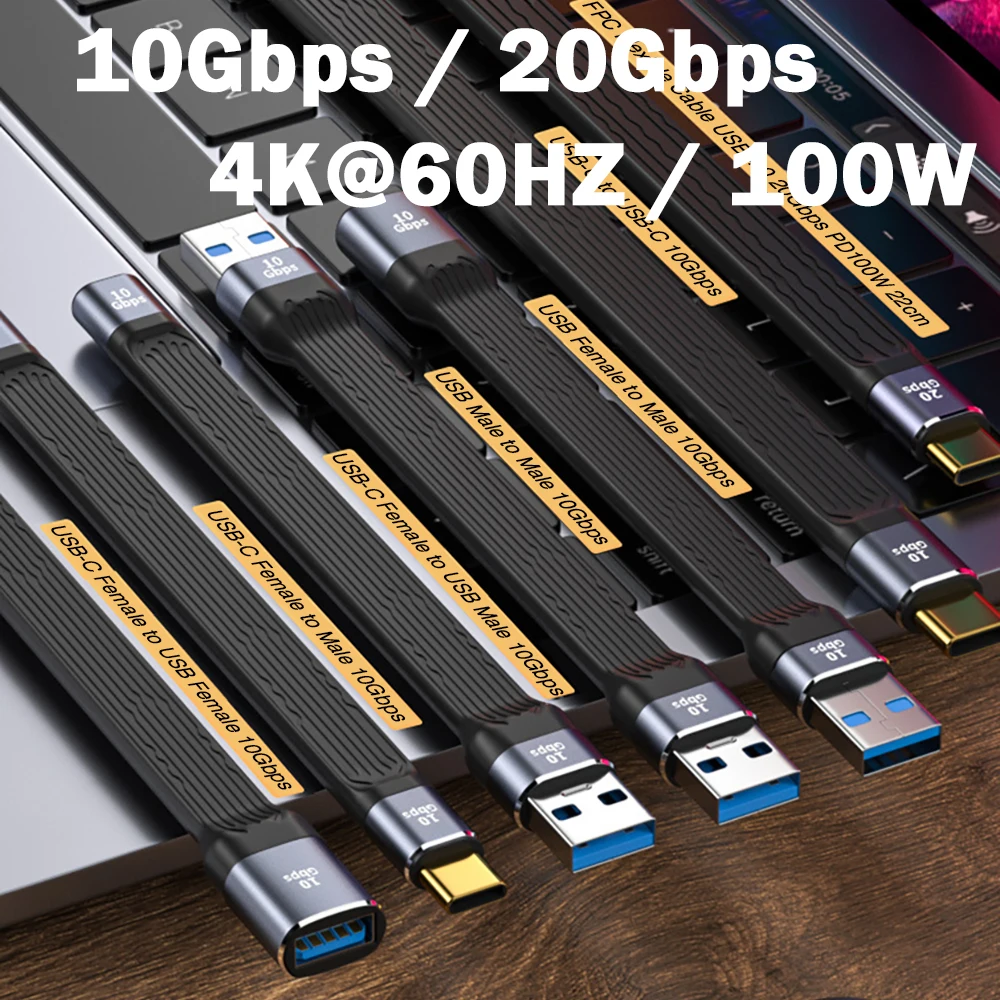 USB para o tipo C conversor de cabos, USB 3.1, 10Gbps, 13cm, PD 100W, adaptador USB OTG, 20Gbps, 22cm, SSD Power Bank