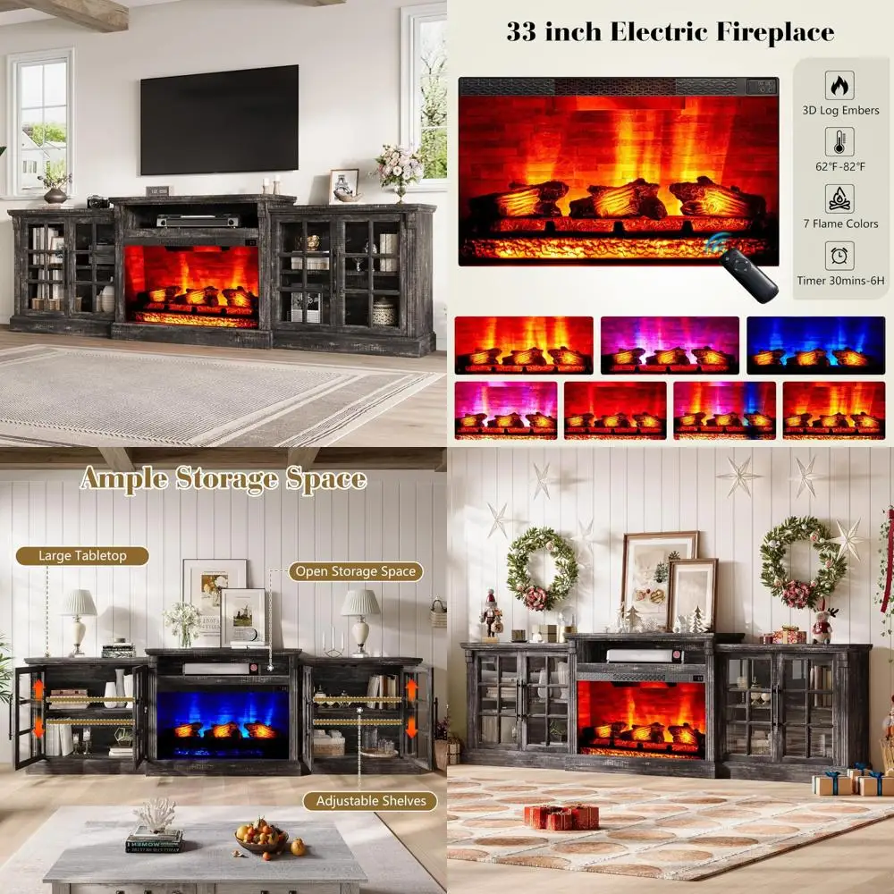 

100 Large TV Stand with 33 Fireplace, Media Center, Storage Cabinet & Adjustable Shelves