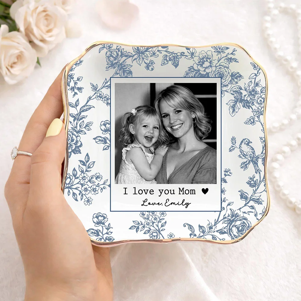 

Personalized Mom Photo Jewelry Tray Toile De Jouy Mom Photo Ring Dish Mothers Day Gift from Daughter Portrait Photo Keepsake