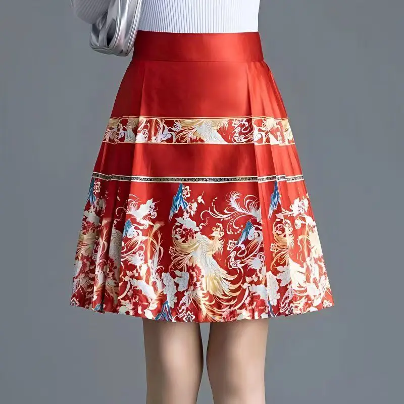 Chinese Style Flower Pleated Mamian Qun Horse Face Skirt Women Summer Elastic High Waisted A-line Midi Skirt