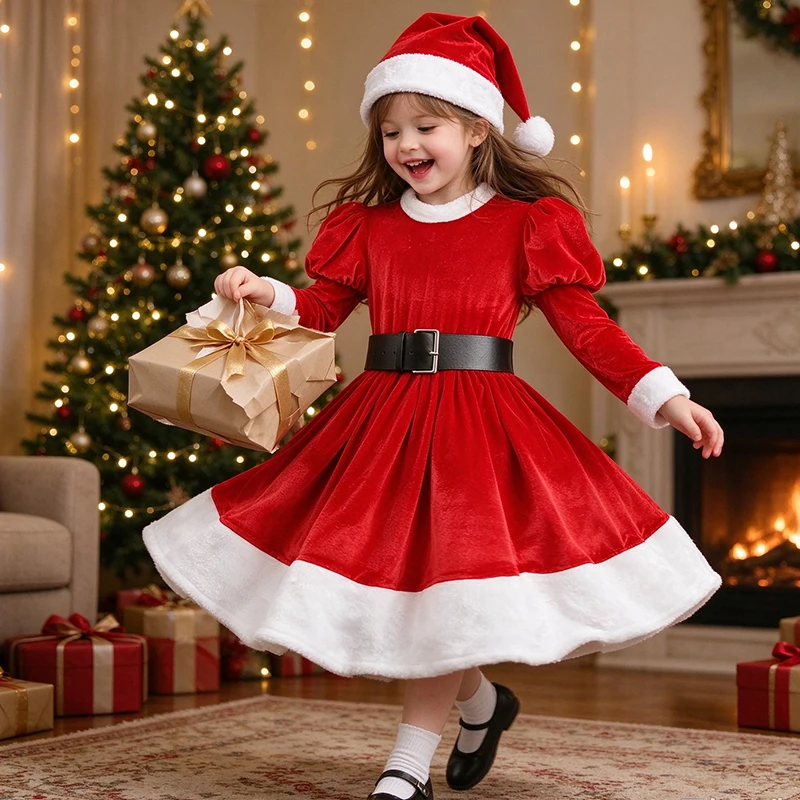 Christmas Girl Princess Dress Red Fluffy Christmas Dress Cosplay Costume Santa Claus Costume New Year's Festive Xmas Dress Up