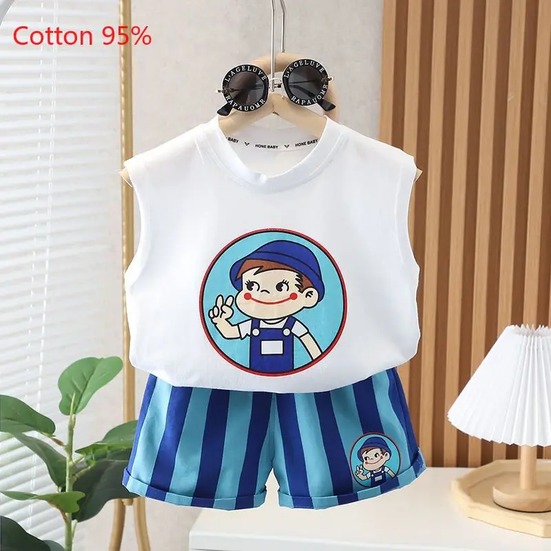 

Korean Summer Thin Trend Children Round Neck Sleeveless T-shirt Sets Kids Boys Toddler Vest + Striped Shorts Casual Clothes 2-5Y