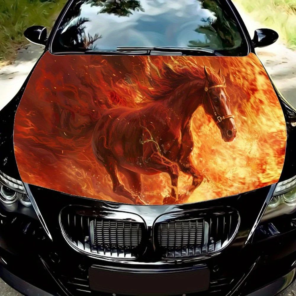 

Hot and Fiery Horse Print Car Hood Decal Sticker, General Motors Racing Car Body Vinyl Modification External Decoration Accessor