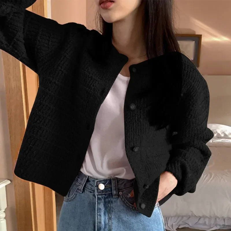 Loose Casual Round Neck Cardigan Long Sleeved Knitted Sweater Fragrant Style Textured Weaving Autumn Winter Retro