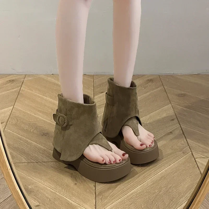 

2024 Spring and Autumn Women's Boots Thick Sole Open Toe New Fashion Herringbone Short Boots Korean Design Women's Sandals Boots