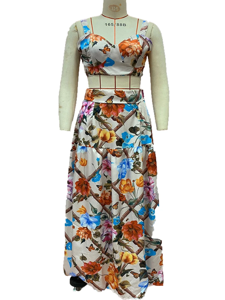 Women Dress Sets Floral Print Spaghetti Strap Crop Top And Skirt Suits Vintage Beach Maxi Long Dress