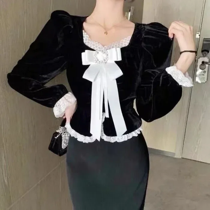 Frill Lace Ruffle Bow Pearls Heart Shape Button Black Velvet Shirt Long Sleeve Blouse Women Korean Clothes Cute Retro Top Blusas