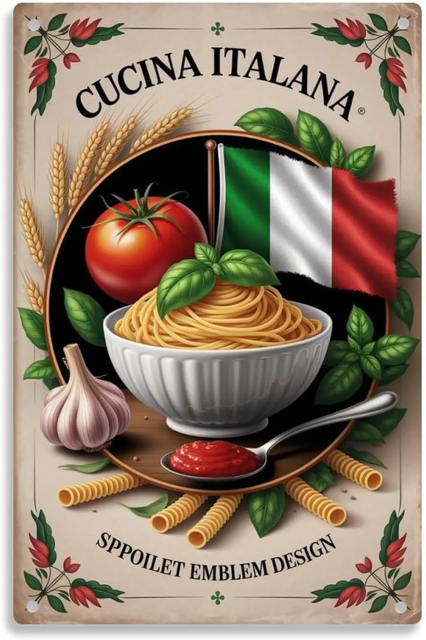 لافتة معدنية للمطاعم الإيطالية العتيقة، موضوع طعام Cucina Italiana، ديكور حائط للحمام، البار، المقهى، الحديقة