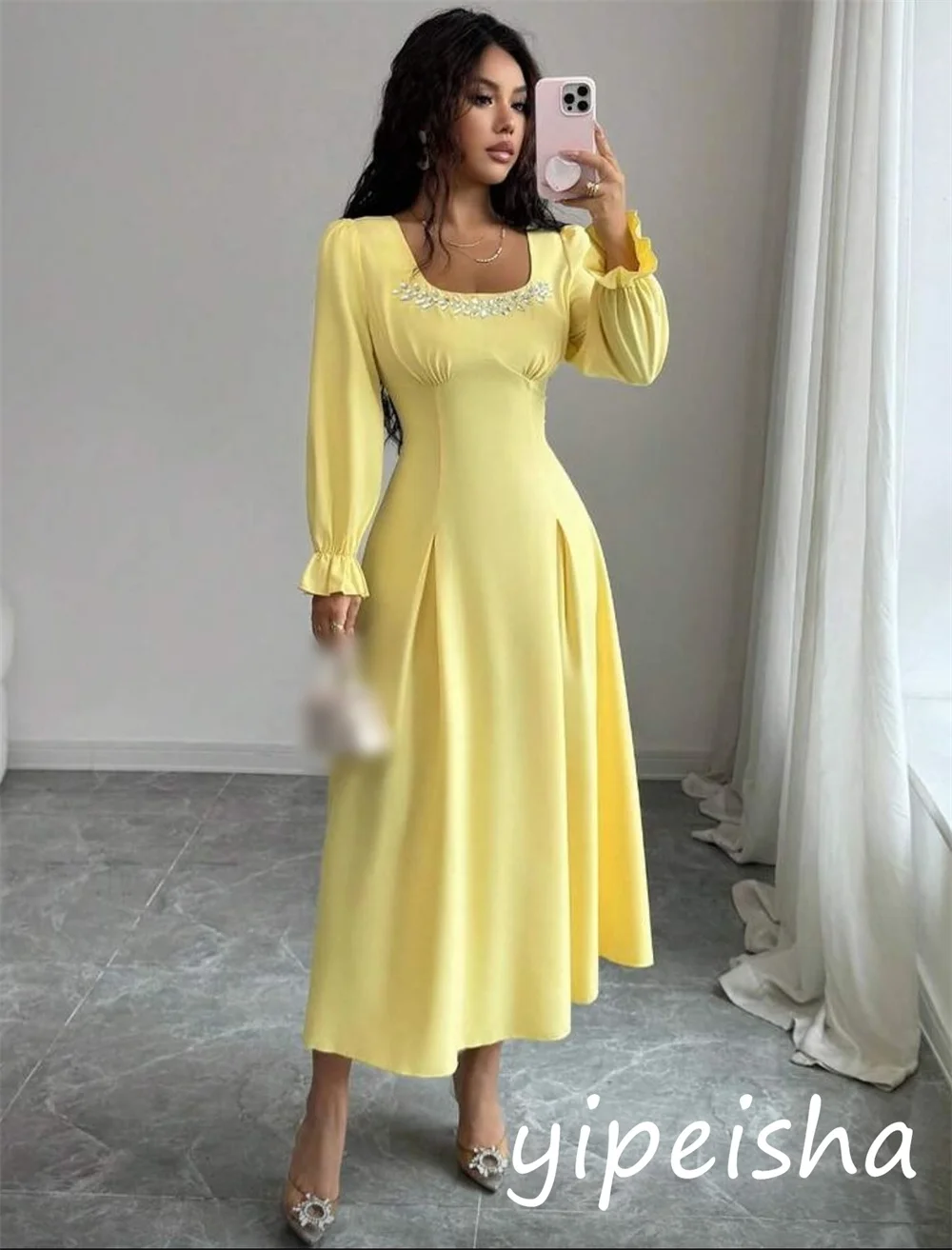 Customized Classic Exquisite Jersey Sequined Pleat A-line Square Neck Midi Dresses Bespoke Occasion Retro