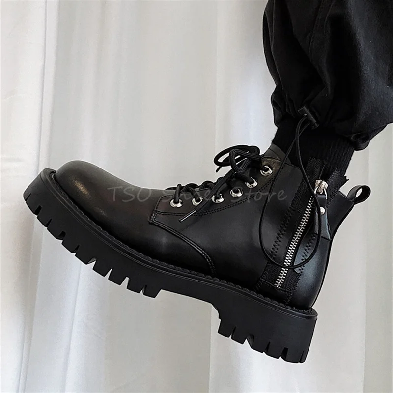 

Thick Soled Ankle Boots Men's Chelsea Boots Side Zipper Mid Cut Black Leather Shoes Motorcycle Short Booties Brand Design