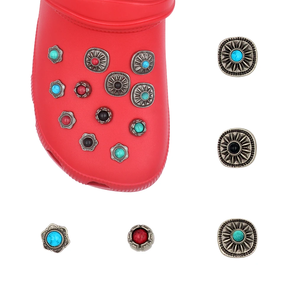 Shoe Крокросы Decorations Charm Pines Simulated Turquoise Round Detachable Halloween Metal Sandals Accessories Gift 1 Set 14 Pcs