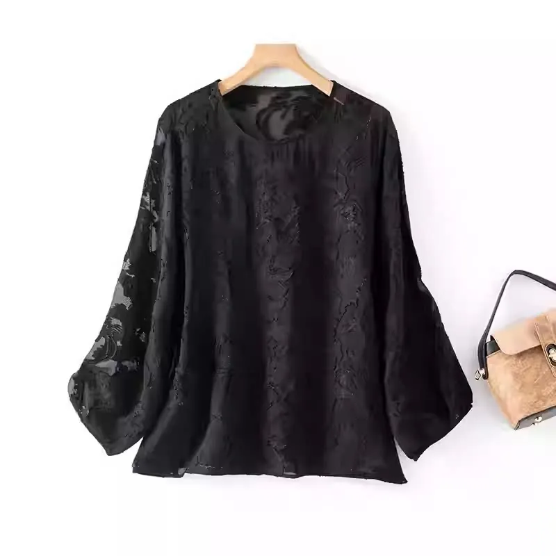 Winsleter-100%Real Silk Elegant T-Shirt, Lantern Sleeve Jacquard, Women Fashion Sunscreen Thin Loose Top, 2026 Summer T64804CC