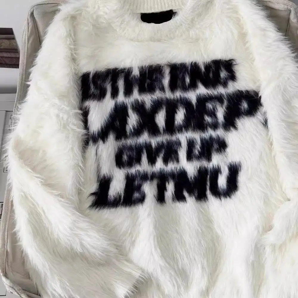 Свитер для пар, свободный женский вязаный пуловер из искусственного меха в американском стиле ретро с надписью, осень-зима, ощущение моины