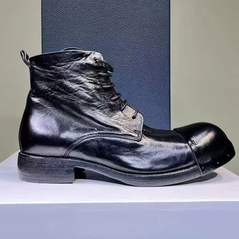 Męskie buty ze skóry końskiej Vintage Wash Water Old Leather Boots Handmade Goodyear - Męskie krótkie buty sznurowane Okrągła głowa Mężczyźni
