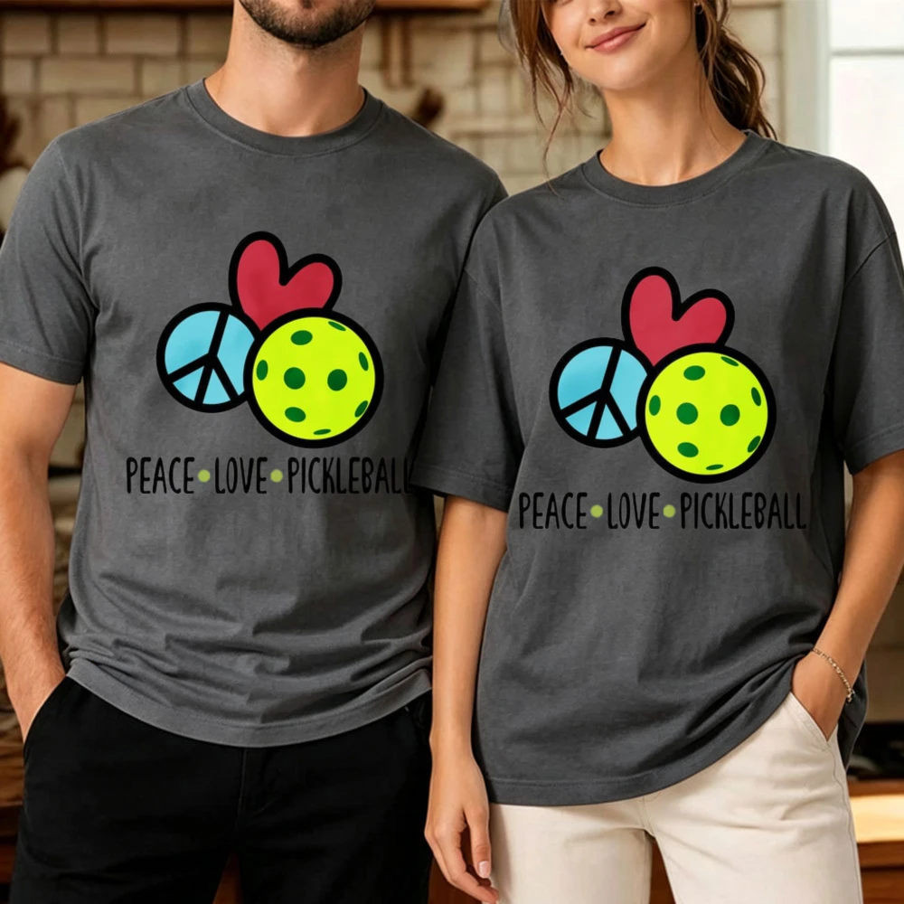 Peace Love Pickleball Peace Sign Heart Yellow Ball Graphic Tee Unisex Cotton T Shirt Casual Outdoor Sports Lover Women Gift Tops