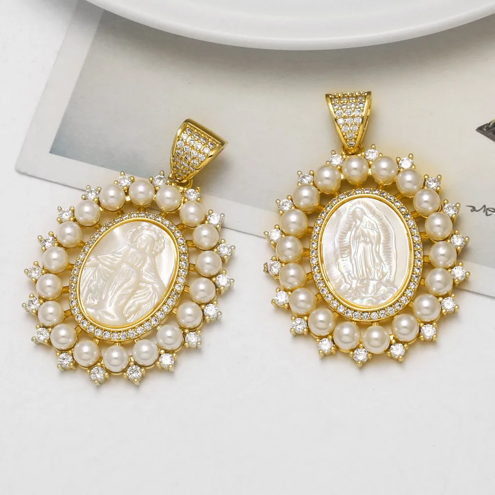 OCESRIO Virgin Mary Pendant Copper Gold Plated Shell Pearl Charms for DIY Catholic Necklace Jewelry Making Component pdtc002