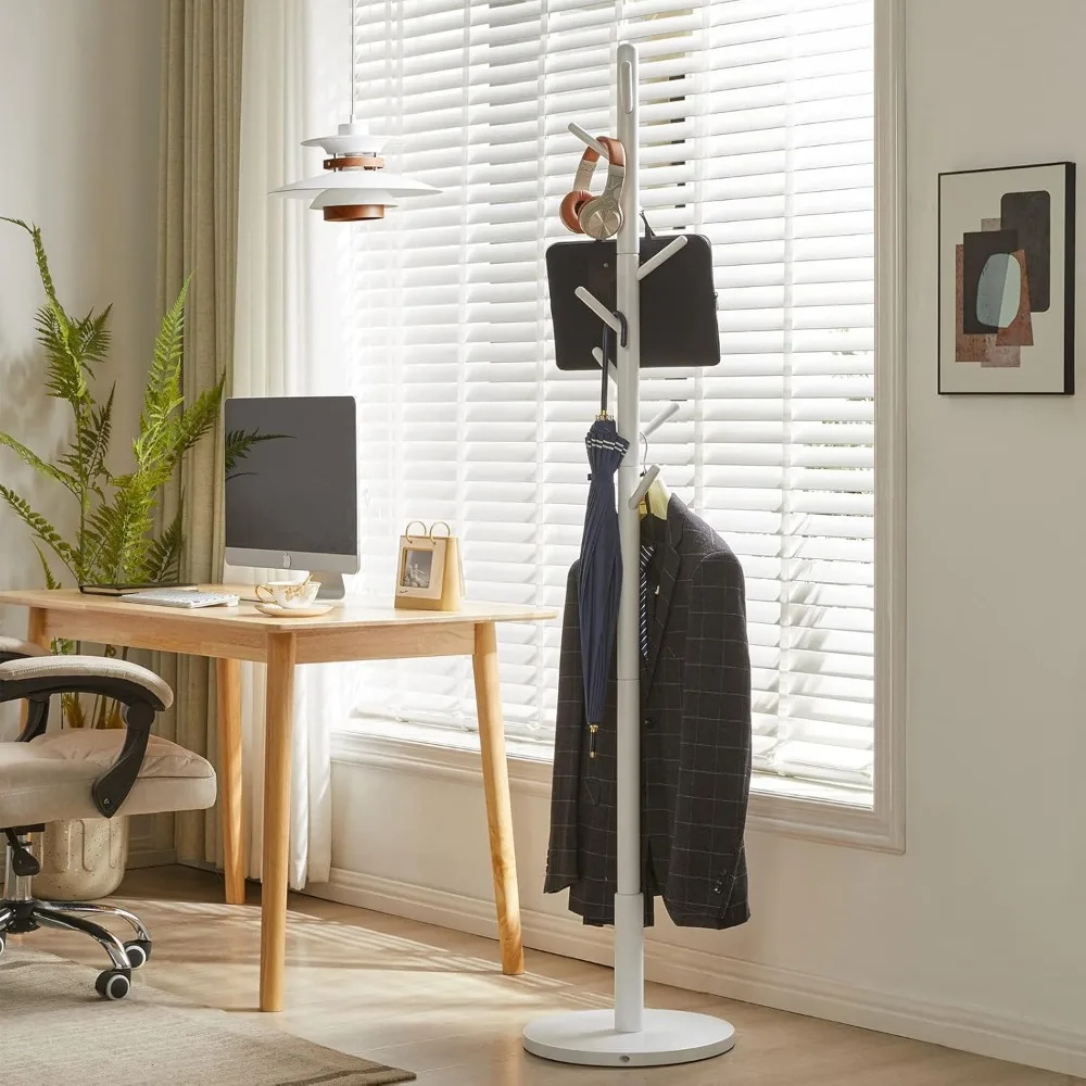 Perchero de pie perchero blanco con 8 ganchos y 3 opciones de altura, perchero infantil de madera con base redonda resistente, salón pequeño tr