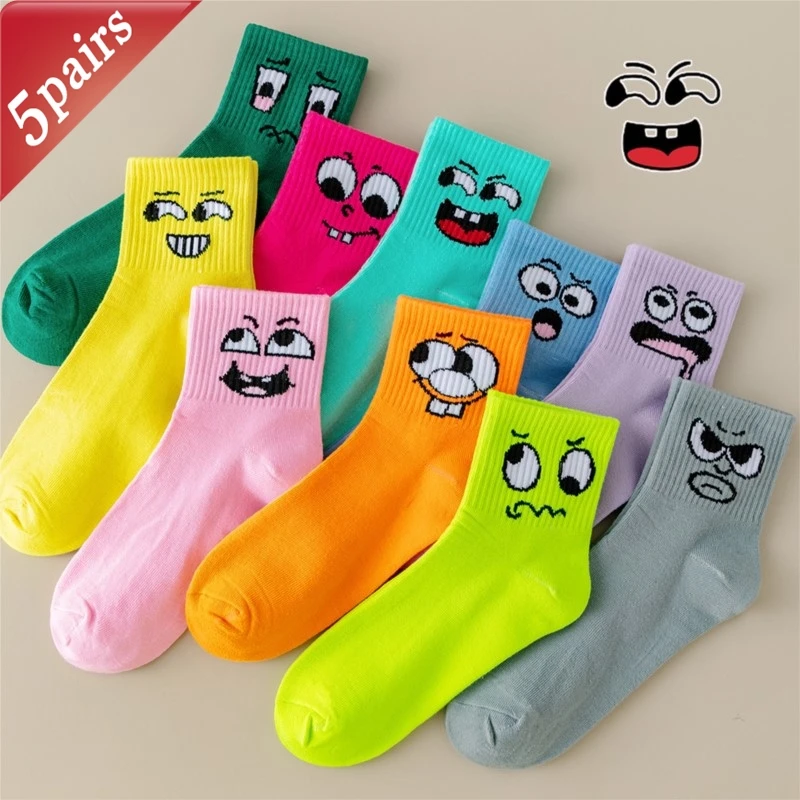 

Random Five Pairs Women's Socks Breathable Smiley Candy Solid Color Tide Cartoon Tube Funny Sock Ladies Wholesale Simple Fashion