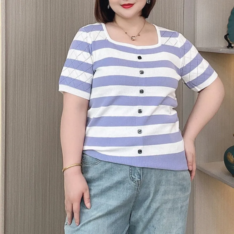 Sommer Eis Seide Strick oberteile neue Plus Size Mode ausgehöhlte dünne quadratische Kragen Kurzarm T-Shirt Frauen