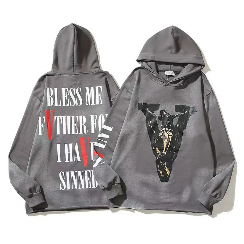 2022 Unisex Hoodies Hooded Cotton Grey Pullover Saint Japanese Trend Autumn Streetwear Hip Hop V Print