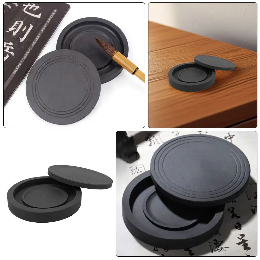 Plat à encre rond chinois avec couvercle, plateau en pierre traditionnel pour la calligraphie, la peinture, l'écriture, la décoration artistique