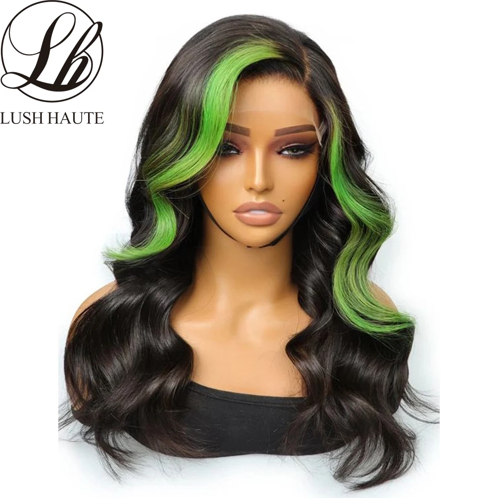 

Green Skunk Stripe Wig Glueless HD Lace Frontal Wigs Synthetic Highlight Lace Frontal Green Body Wave Wig Cosplay Wigs For Women