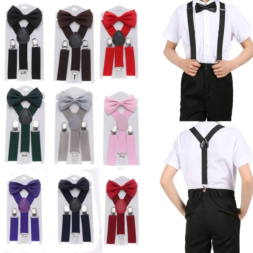 คลิปสายรัดปรับได้สําหรับสาวสําหรับเด็กสีทึบ Tie Suspenders ชุด Bow Tie Suspenders คลิปแขวนกางเกงคลิป