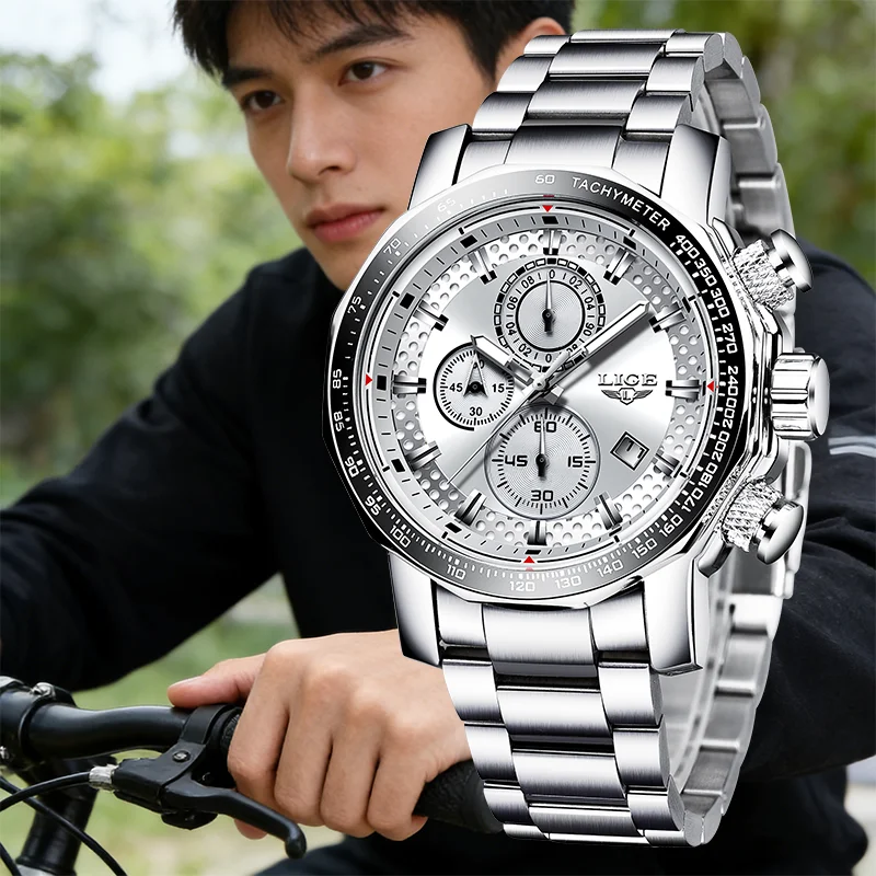 

Мужские часы LIGE в стиле милитари, спортивные наручные часы из нержавеющей стали, кварцевый хронограф, водонепроницаемые часы для мужчин, Relogio Masculino