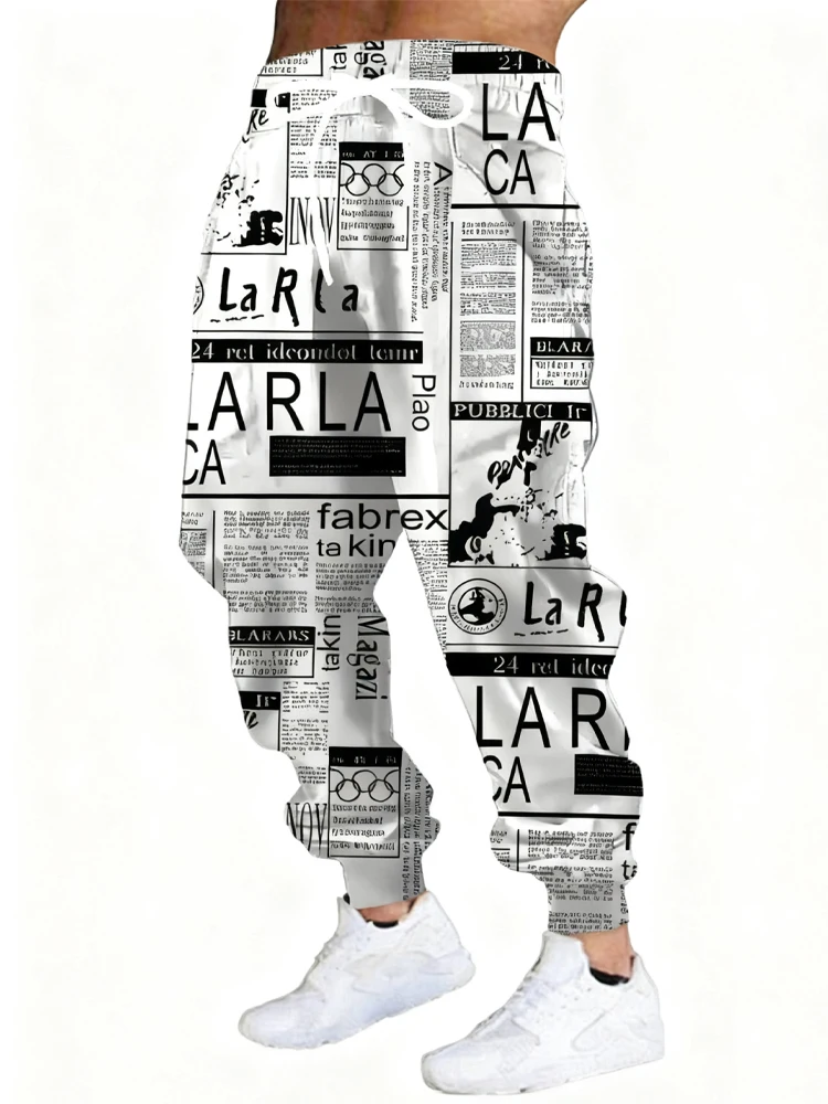 

New Men's 3D Newspaper Print Casual Pants Outdoor Breathable Athletic Pants Stylish Drawstring Streetwear Trousers Mens Cuffed P