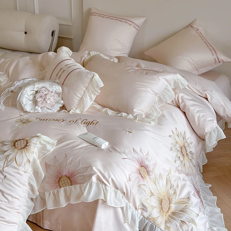 Luxury Sunflower Embroidery Bedding Sets Egyptian Cotton 4pcs Pink Chiffon Lace Princess Duvet Cover Bed Sheet Pillowcases