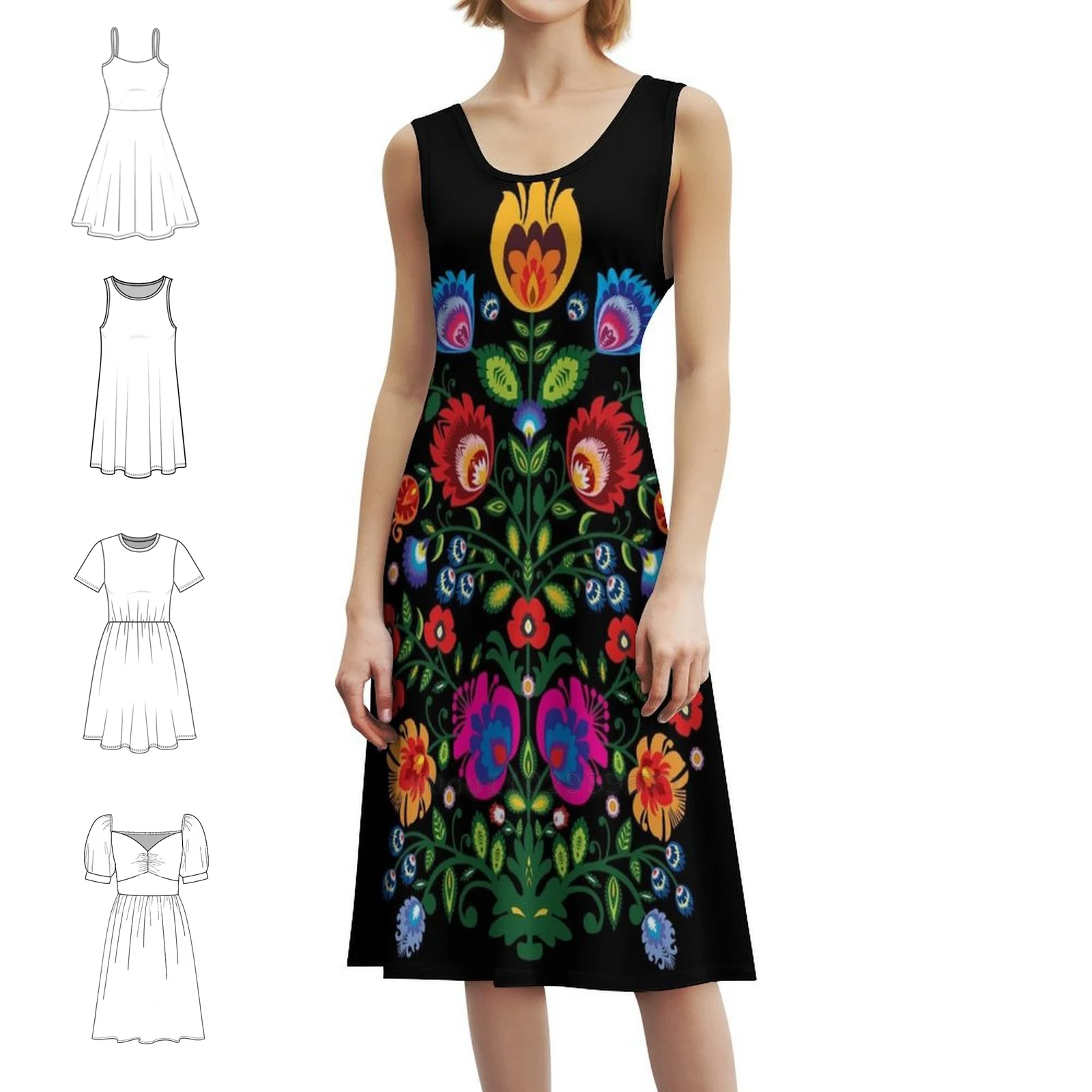 One More.... Folk Composition With Flowers Preppy Style Mini Dress For Women A-Line Loose Fit Casual Day Dress Polish Folklore