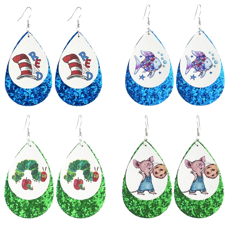 Shining double-layer leather water droplet print earrings Glitter Kindergarten cute teacher reading school start season earring